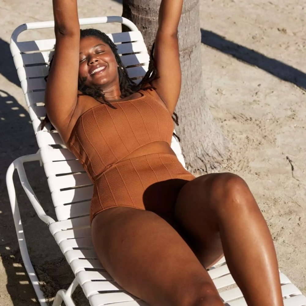 aerie Ribbed One-Piece Swimsuit in Rust Brown